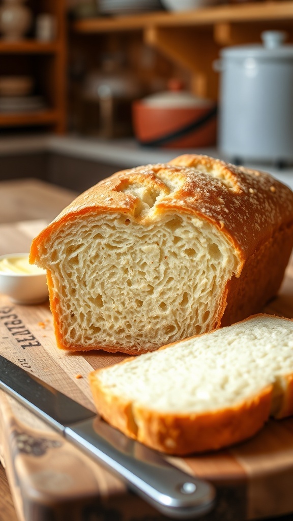 Gluten-Free Yogurt Bread Recipe Sliced gluten-free yogurt bread on a wooden cutting board with butter.